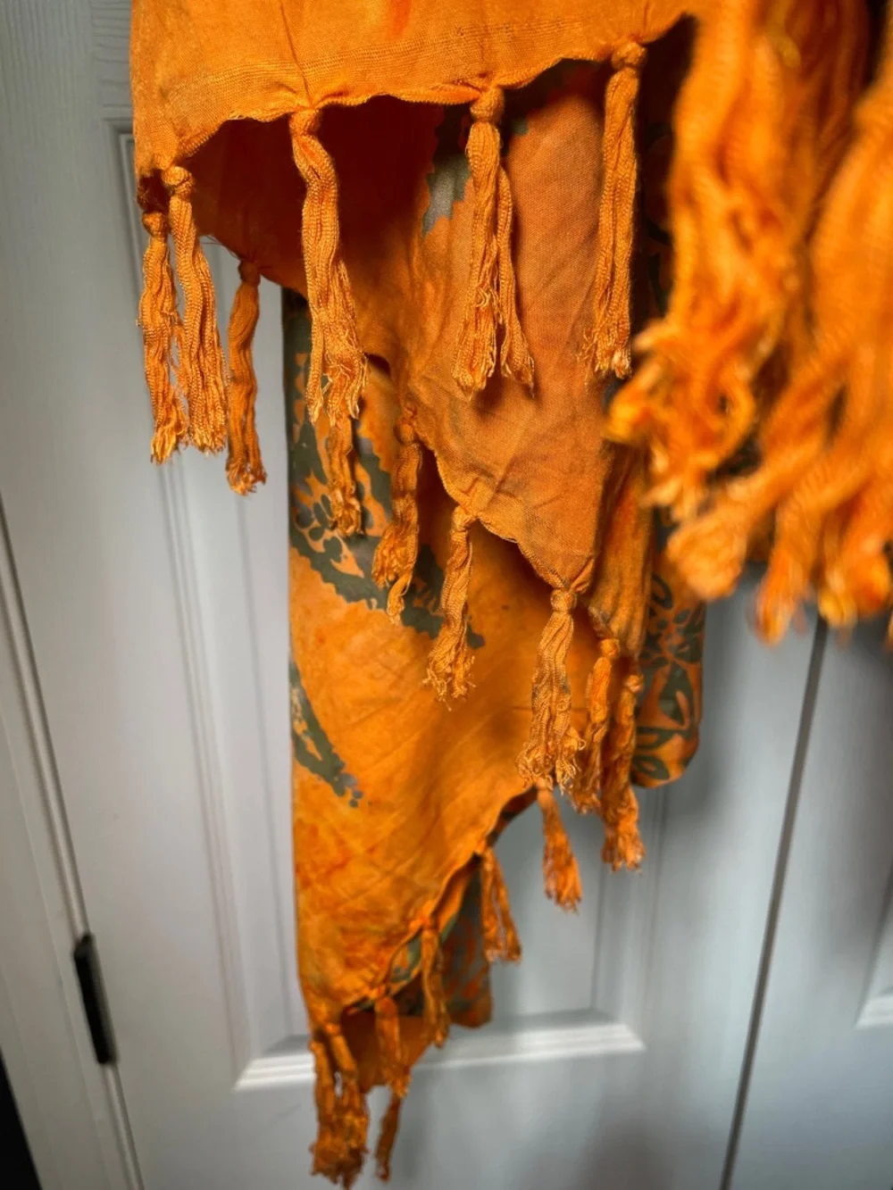 Vibrant Orange Floral Wrap Scarf Tasseled Batik Style‎ One Size